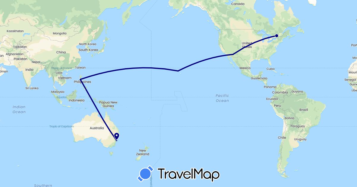 TravelMap itinerary: driving in Australia, Canada, Philippines, United States (Asia, North America, Oceania)